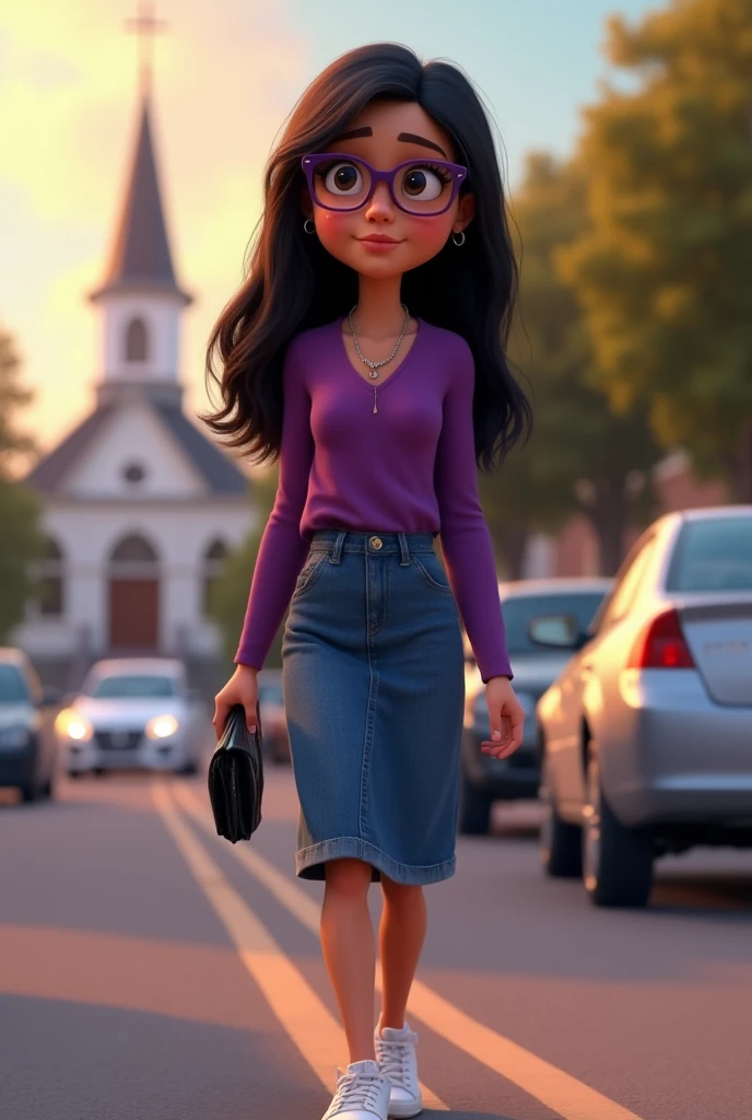 Pixar-type poster that has: A lady with long, straight, black, layered hair, He wears dark purple thin rimmed glasses. She wears a purple sleeved blouse and a knee-length fitted denim skirt., She wears small silver rings, white low converse tennis shoes. In his right hand he holds a small black wallet.. He looks ahead, Walking to church and there are cars on the street