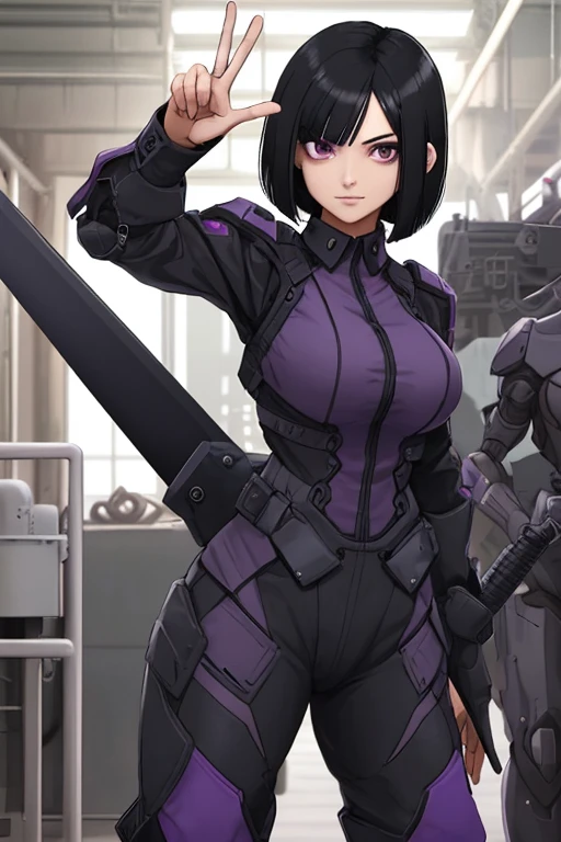 Woman, black hair, short bob, purple military shirt on top, black combat suit on bottom, huge sword in right hand, peace sign in left hand, inside factory, robot next to her