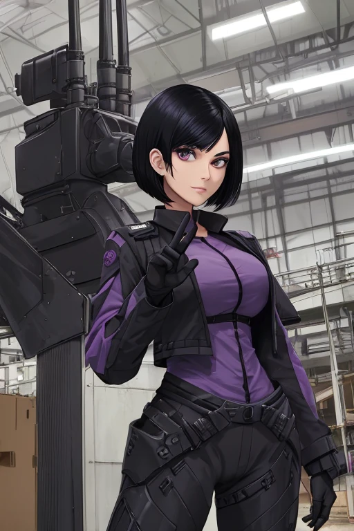 Woman, black hair, short bob, purple military shirt on top, black combat suit on bottom, huge sword in right hand, peace sign in left hand, inside factory, robot next to her