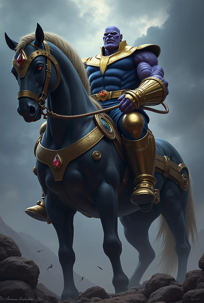 Thanos on big scary horce with Rai's hand with seeing all stones and in 2nd hand of Thanos big sward