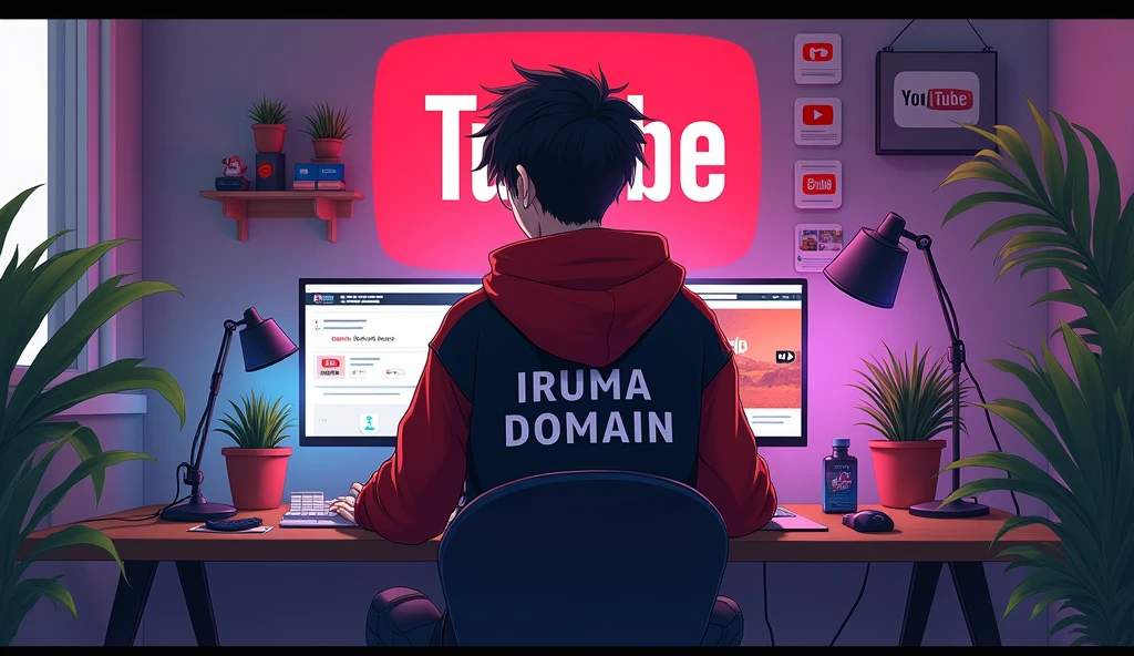 Create a image of "A 18 years anime boy Eye glasses , sitting in front of a computer desk with a microphone and laptop, wearing black and red hoodie with the Channel Name on it "iruma domain", The background includes a large YouTube logo named iruma domain on the wall and youtube channel buttons, potted plants on either side, and various recording equipment.