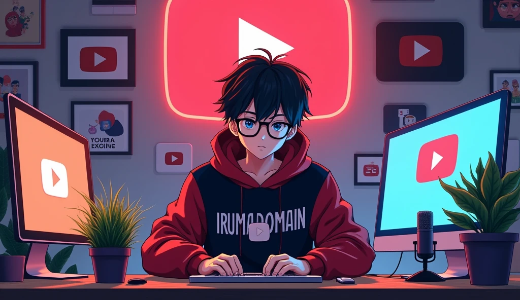 Create a image of "A 18 years anime boy Eye glasses , sitting in front of a computer desk with a microphone and laptop, wearing black and red hoodie with the Channel Name on it "iruma domain", The background includes a large YouTube logo named iruma domain on the wall and youtube channel buttons, potted plants on either side, and various recording equipment.