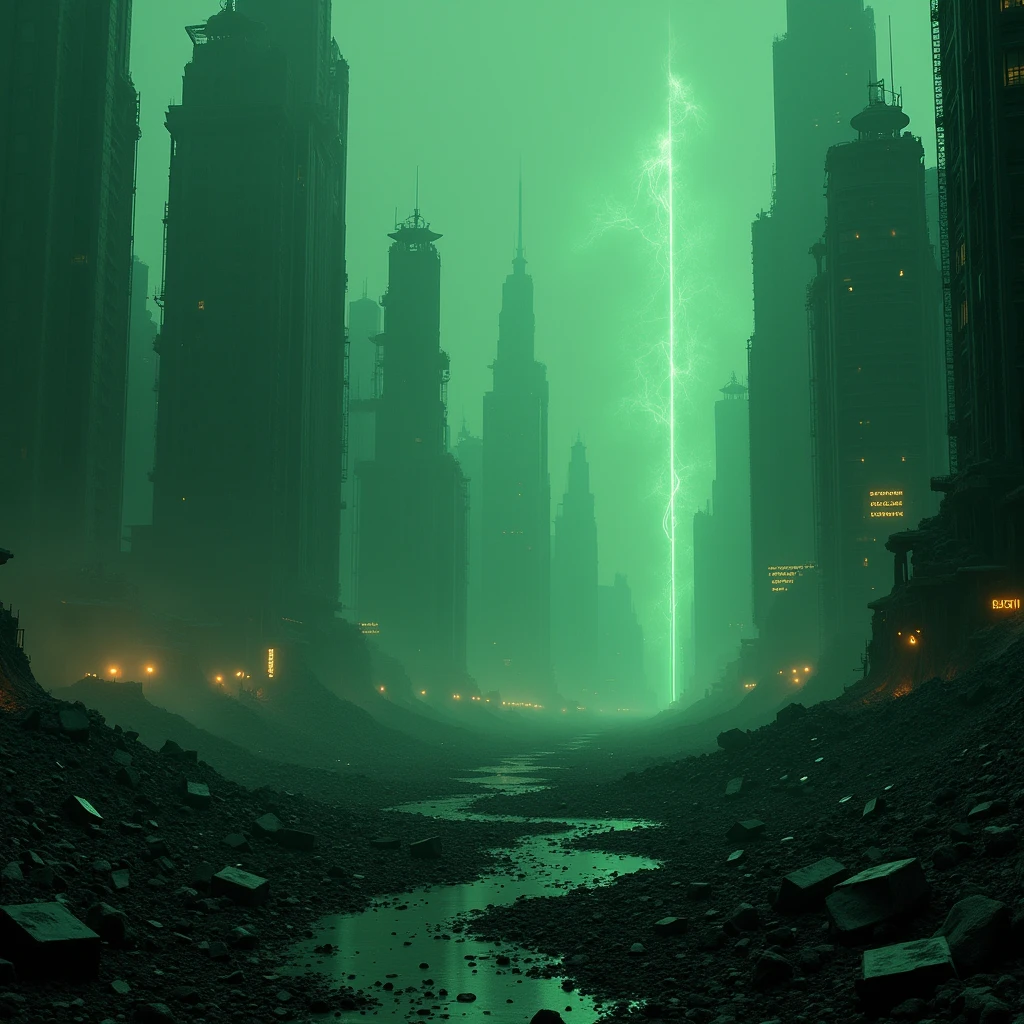 "An ultra-realistic depiction of an ultrafuturistic cityscape in ruins, bathed in the green and black hues of 'Matrix'. The scene should feature a vast, panoramic view showcasing thousands of haunting debris and rubble, remnants of a horrific war between machines and humans. The atmosphere is cold and lifeless, evoking deep feelings of emptiness and solitude, reminiscent of 'Alien, the Eighth Passenger'. The remnants of a once-advanced civilization now lie in chaotic disarray, with eerie, liminal spaces that feel both familiar and alien. The setting suggests a decayed society where digital and physical worlds have collided and disintegrated. Subtle elements of digital decay, glitches, and flickering neon lights barely illuminate the dark, forgotten corners of this post-apocalyptic environment, echoing the desolate remains found in 'Animatrix'."