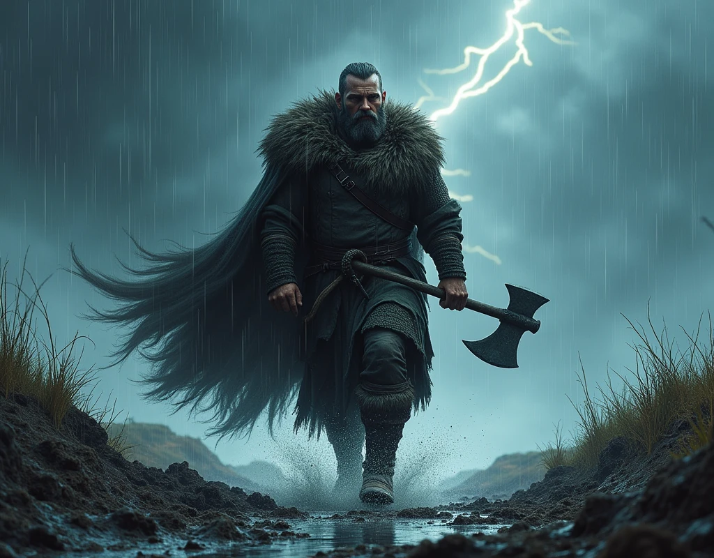 *Under a dark, tempestuous sky, a lone Viking warrior trudges through a windswept landscape. His heavy fur cloak whips around him, drenched by the relentless downpour. Thunder rumbles overhead, and each flash of lightning reveals his determined expression, eyes narrowed against the storm’s fury. His hand grips the hilt of a battle-worn axe, ready for whatever challenge may arise. With each step, the mud clings to his boots, but he pushes forward, unyielding, embodying the spirit of a warrior who knows no fear, only the call of destiny that drives him onward through the storm.* Style comic noir