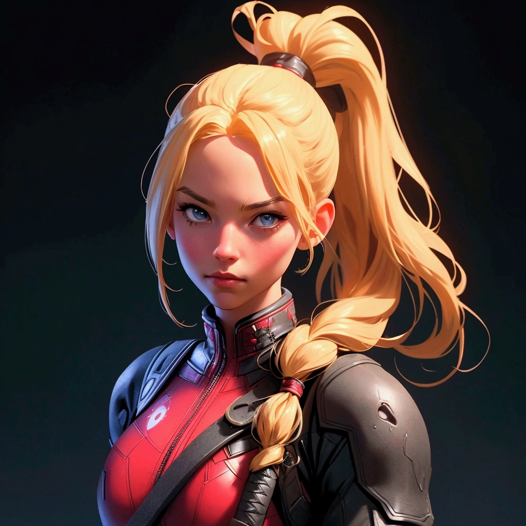 envision a 8k, highres, cinematic, full body design of an American girl with long blonde hair in a ponytail in a deadpool suit with katanas against a dark gray background