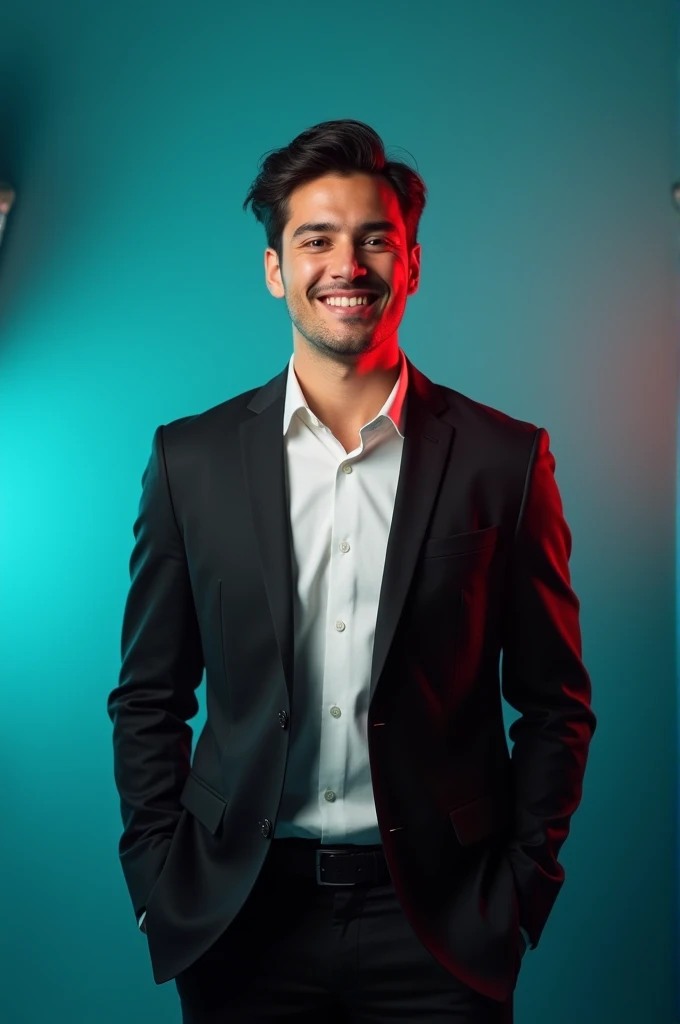A young man with dark hair and a confident smile. He is dressed in a black blazer over a white shirt. The man is positioned against aqua colour backdrop with a subtle red lighting on the left side, and he posing for Linkedin profile