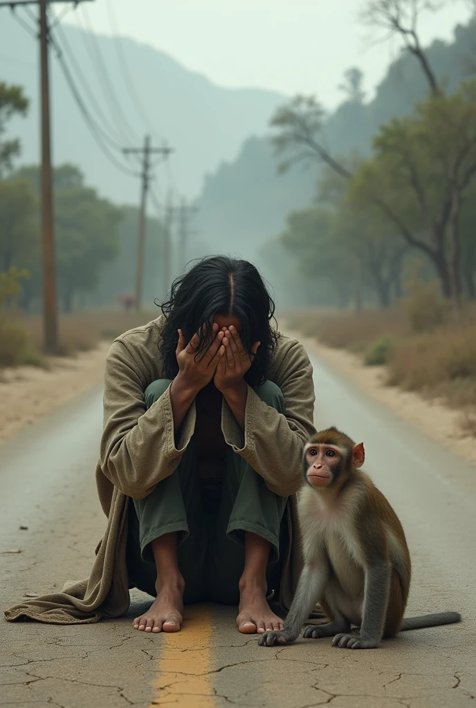  crying with monkey in road