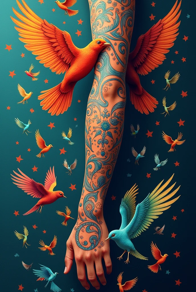 in it, birds, arm, tattoo, colors