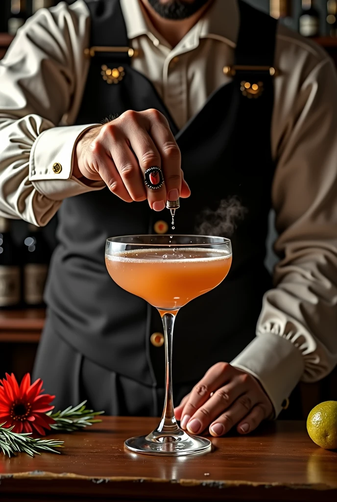 Authentic BAR,( The bartender's right thumb was amputated at the second knuckle.), Steampunk,1800'with Mojito, Spectacular landscapes, , Extremely precise movements, A sublime and delicate work, Cocktail, masterpiece, 8k, high quality, Hands are a key element in the scene, The hands are very realistic and sharp,I don't draw my face,Wine Bottle Background、Dark interior、There are herbs, lemons and limes on the counter、Red flower、one hand、Tall vertical glass