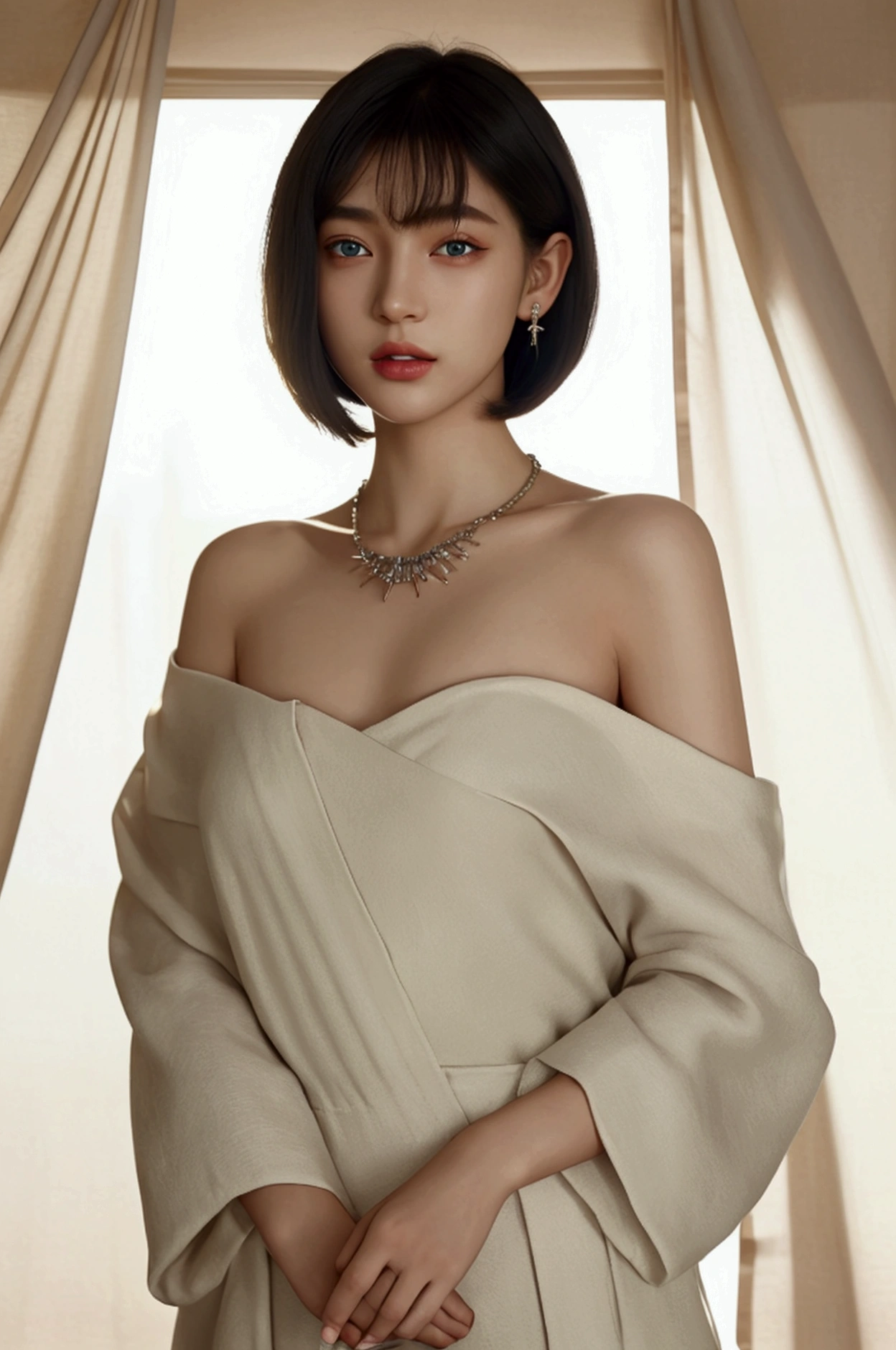 no、Fully naked、noมีเสื้อผ้า、whole body、((realistic Sunlight, 8ก, Highest quality, Masterpiece: 1.3)), (realistic, Sharp focus: 1.2), A very delicate and lovely Japanese girl.: 1.4, (1 woman)), perfect style, Superb details, high resolution, (off shoulder: 1.1), (black hair, short hair, bob cut: 1.2), (big, whole body: 1.3), Highly detailed facial and skin textures, Fine and beautiful eyes, There is slight redness on the face and nose., blue eyes, green eyes, red lips, Eye makeup, Thin belly: 1.2, Shiny skin, necklace, earring, beach, outdoor, realistic shadow,