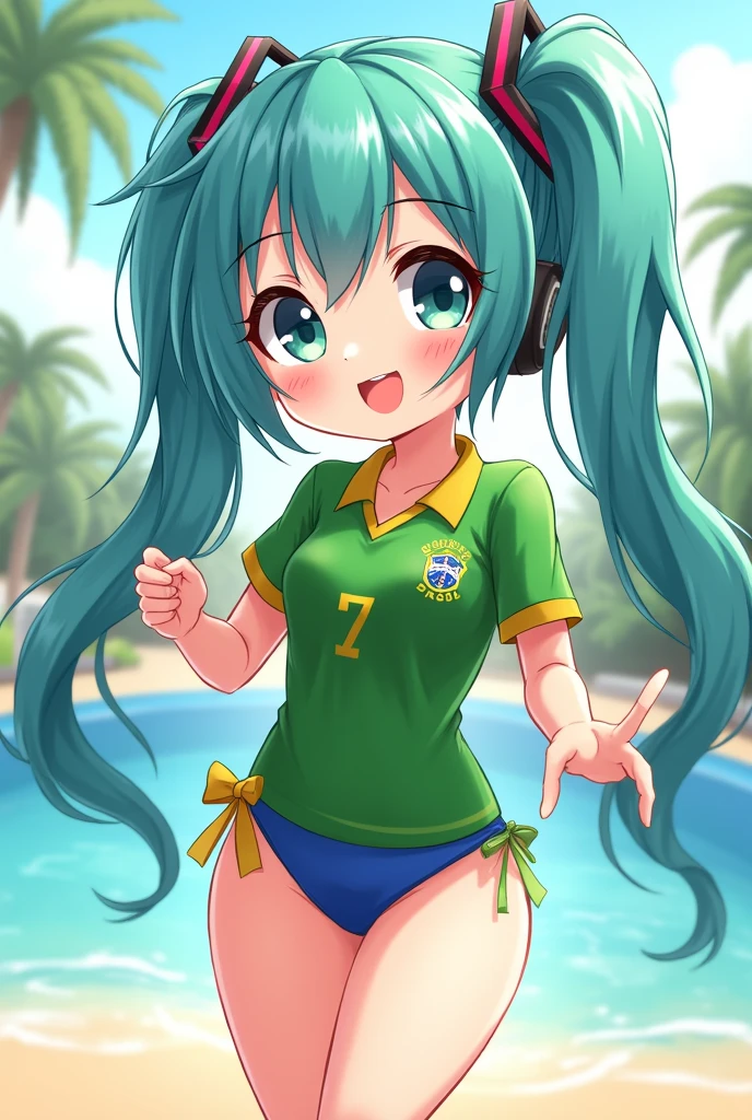 Miku very cartoon like a cute style in a sexy swimsuit with a brazil shirt and very happy and I need the brazil soccer short shirt 
