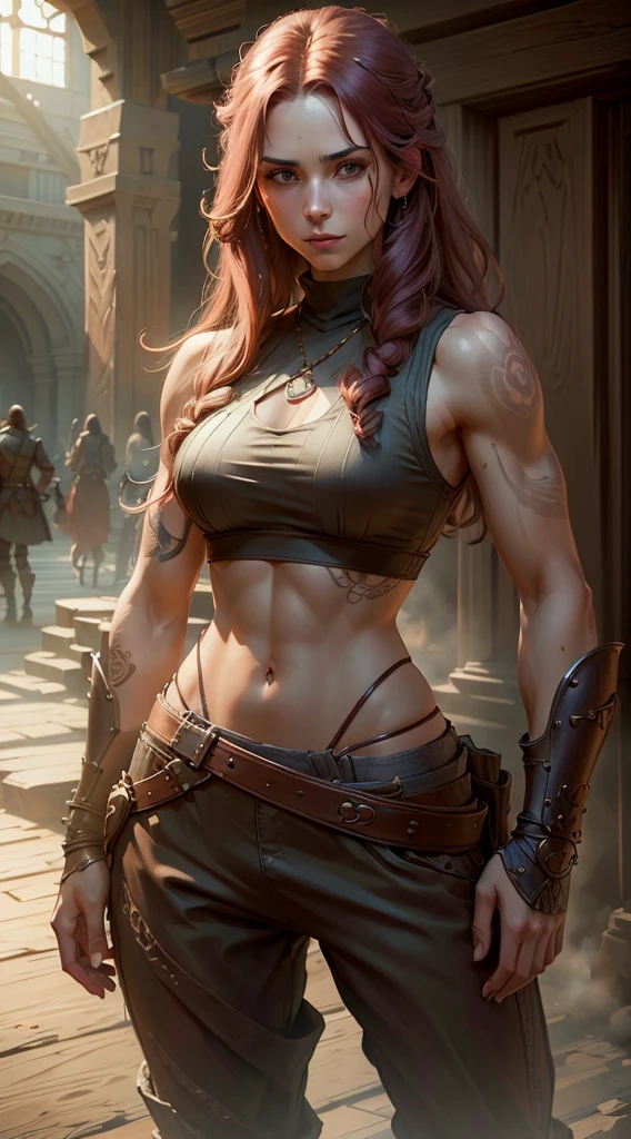 A fit female wearing a sleeveless tunic loose pants, long maroon hair, side burns, concept art, full body portrait, high definition, fantasy, loose clothing, 16k resolution concept art portrait by Greg Rutkowski, dynamic lighting hyperdetailed intricately detailed, volumetric lighting, medieval clothing, rough skin, rough clothing, dirty, tattoos, slender body, mid 20's