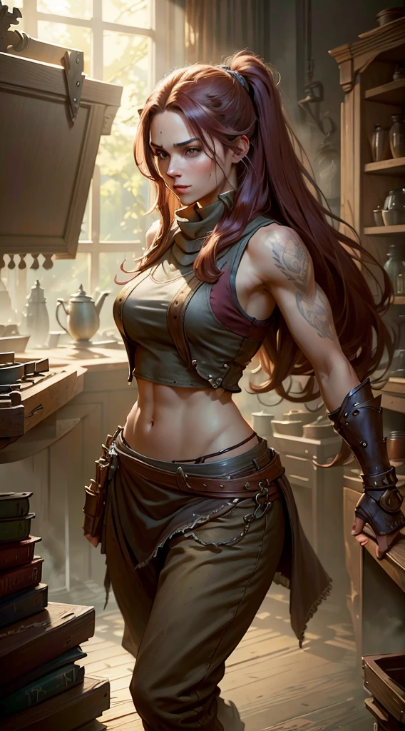 A fit female wearing a sleeveless tunic loose pants, long maroon hair, side burns, concept art, full body portrait, high definition, fantasy, loose clothing, 16k resolution concept art portrait by Greg Rutkowski, dynamic lighting hyperdetailed intricately detailed, volumetric lighting, medieval clothing, rough skin, rough clothing, dirty, tattoos, slender body, mid 20's