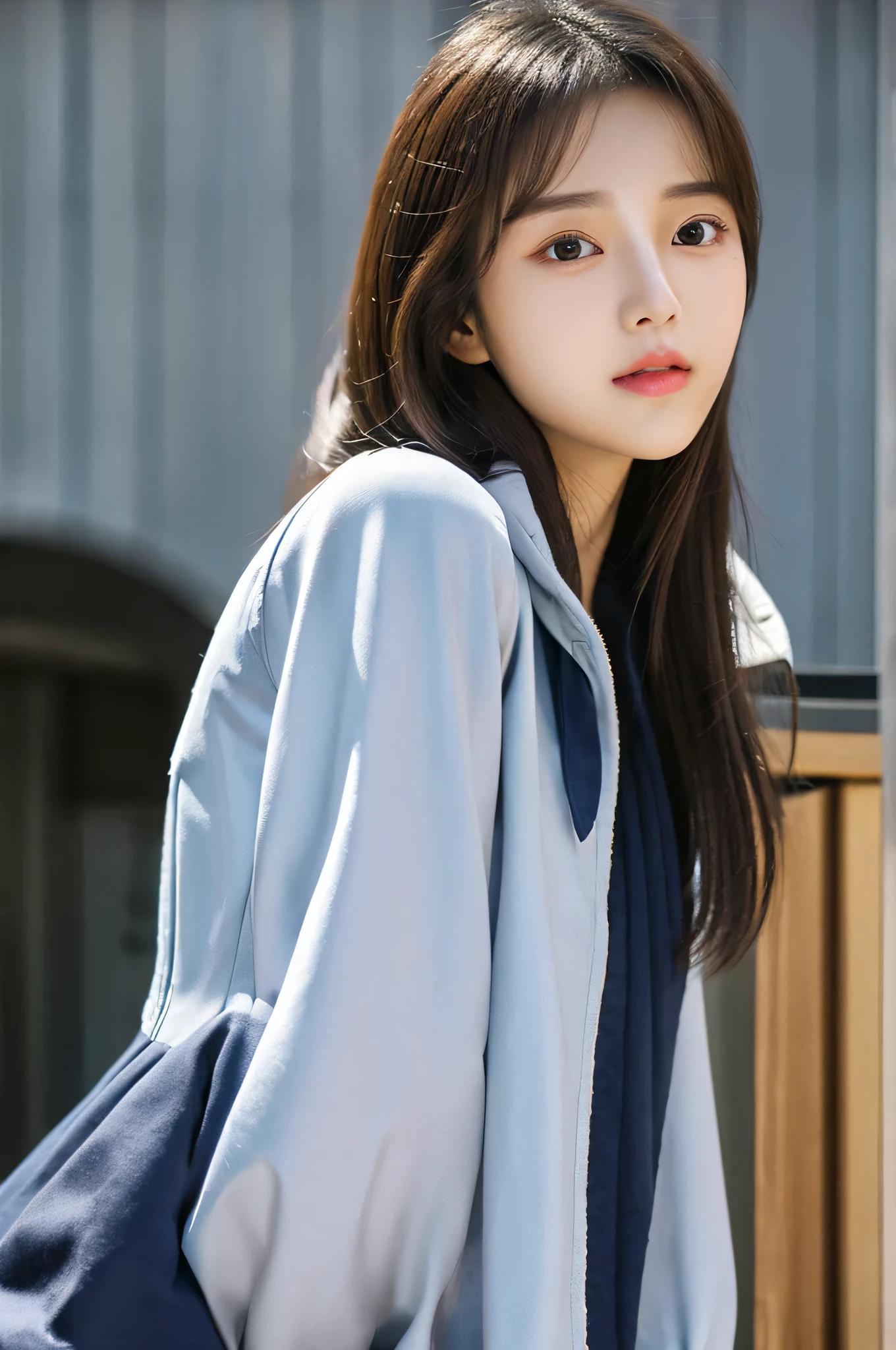 student girl korean cute　face　((best quality)), ((masterpiece)), (detailed), perfect face, silk tight navy blue moncler puffer coat, seductive, face and body focus, small breasts, casual clothes, silk blouse, photorealistic, casual hood, photorealistic, photograph, shiny blouse, background her home, out door 