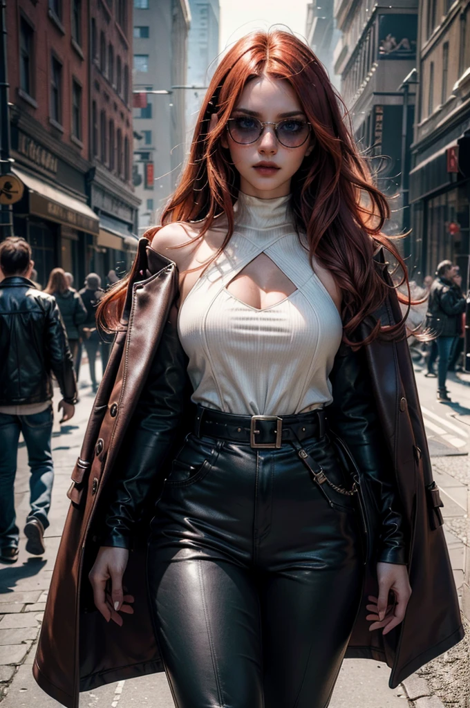 a beautiful young celebrity woman with long flowing red hair, lora_Emma, wearing high-quality high-waisted leather pants and a formal white top with a plunging neckline, a elaborate decorative waist belt, a coat draped over her shoulders, coat on shoulders, and red-tinted sunglasses, walking outdoors in a city setting, (best quality,4k,8k,highres,masterpiece:1.2),ultra-detailed,(realistic,photorealistic,photo-realistic:1.37),cinematic lighting,highly detailed,intricate details,dramatic pose,striking expression,vibrant colors,natural shadows,elegant,fashionable