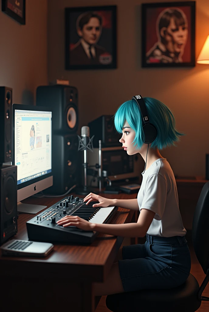 (On the table: 1.3, Highest resolution, best quality, 8k, Realistic, perfect details), Perfect lighting, (1 girl), Miku Pende ,alone, Girl making music on computer in studio, Unreal Engine, Rembrandt, quiet recording studio, Comes with microphone and other vintage equipment, Add old-fashioned charm to an isolated space, Framed posters of legendary rock musicians hang on the wall, detailed body, White T-shirt, serious facial expression, (Sitting in front of the electronic keyboard:1.1), wearing headphones, Use a computer monitor, MIDI Pad Controller,beautiful fingers,Detailed hands