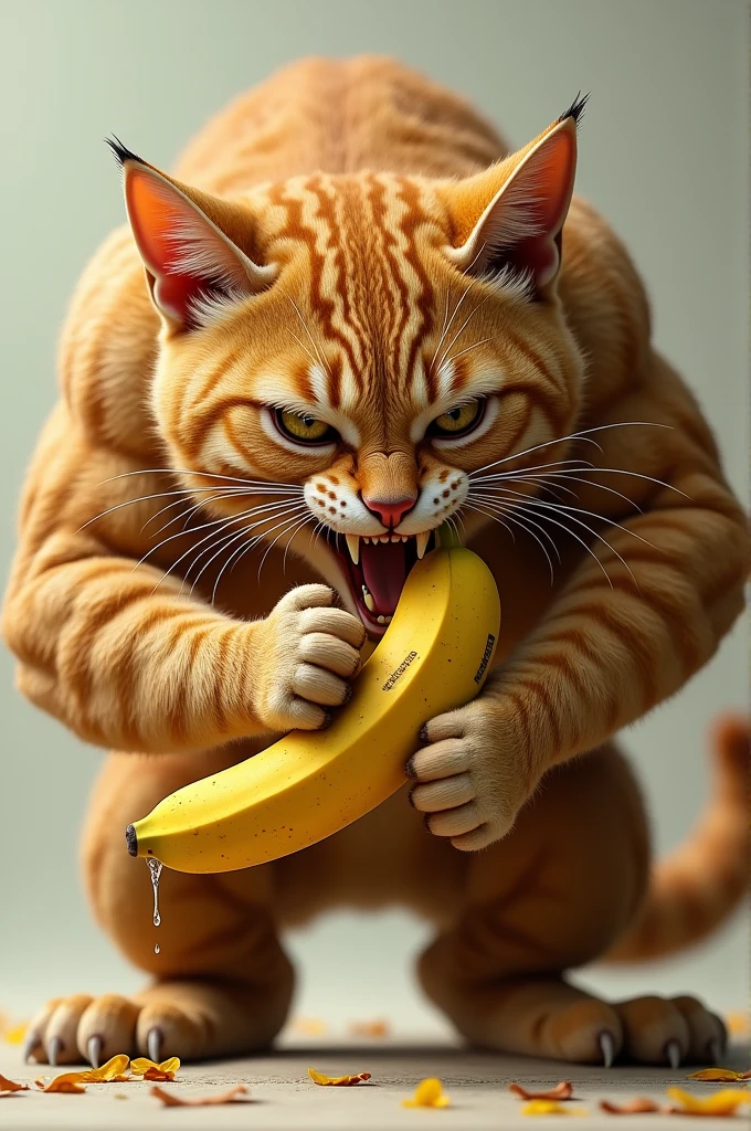 cat eat banana with muscle