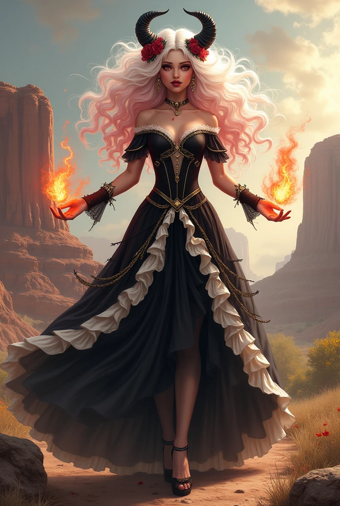 I would like a woman with voluminous white pink ,curly hair with white tips. She has black horns on her head with a flower crown around them, red eyes, and a beautiful face. She is wearing a black long dress with white ruffles and gold details, high heels, and holding fire in her hands.I would like it to be in a mature style, with the art in a fantasy and RPG style set in the Old West.
