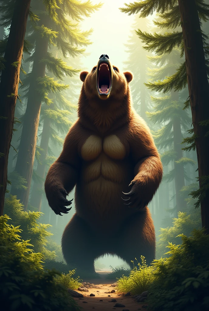 Bear roaring between trees