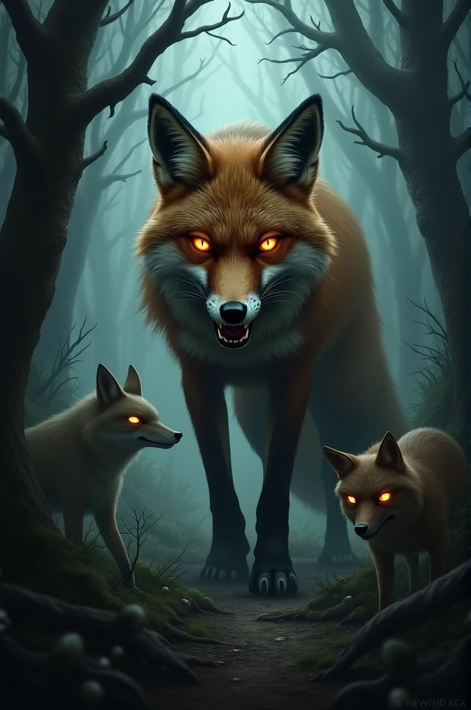 A forest scene with a menacing-looking fox with sharp teeth and glowing eyes, scaring other animals in the forest.