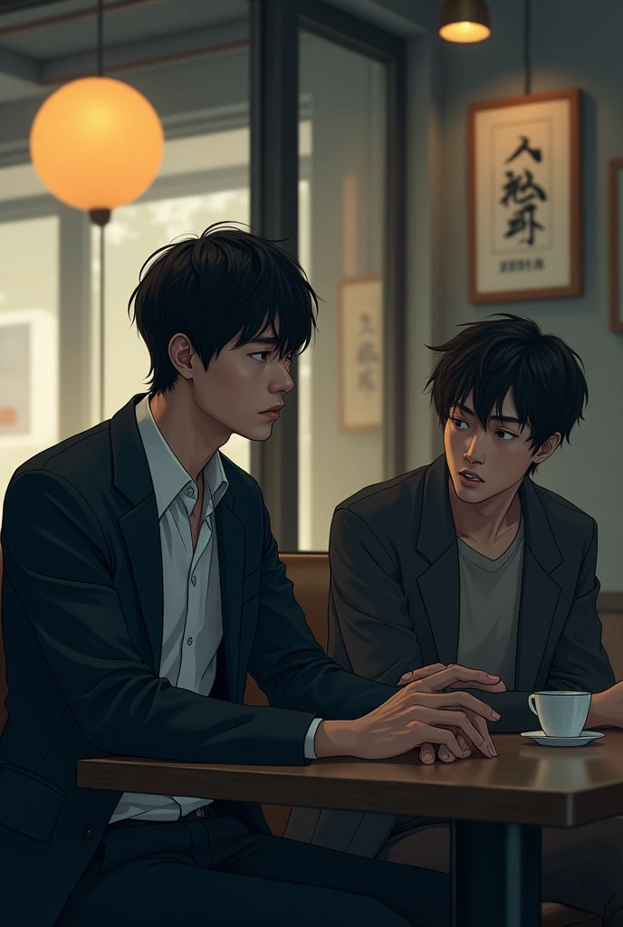 The first Japanese man, now sitting with a friend at a café during the day. The friend, also a modern Japanese man in his 20s, has a concerned look and is pointing over the main character’s shoulder. The protagonist looks confused, unaware of what his friend is pointing at. The atmosphere is tense, with a hint of dread.
