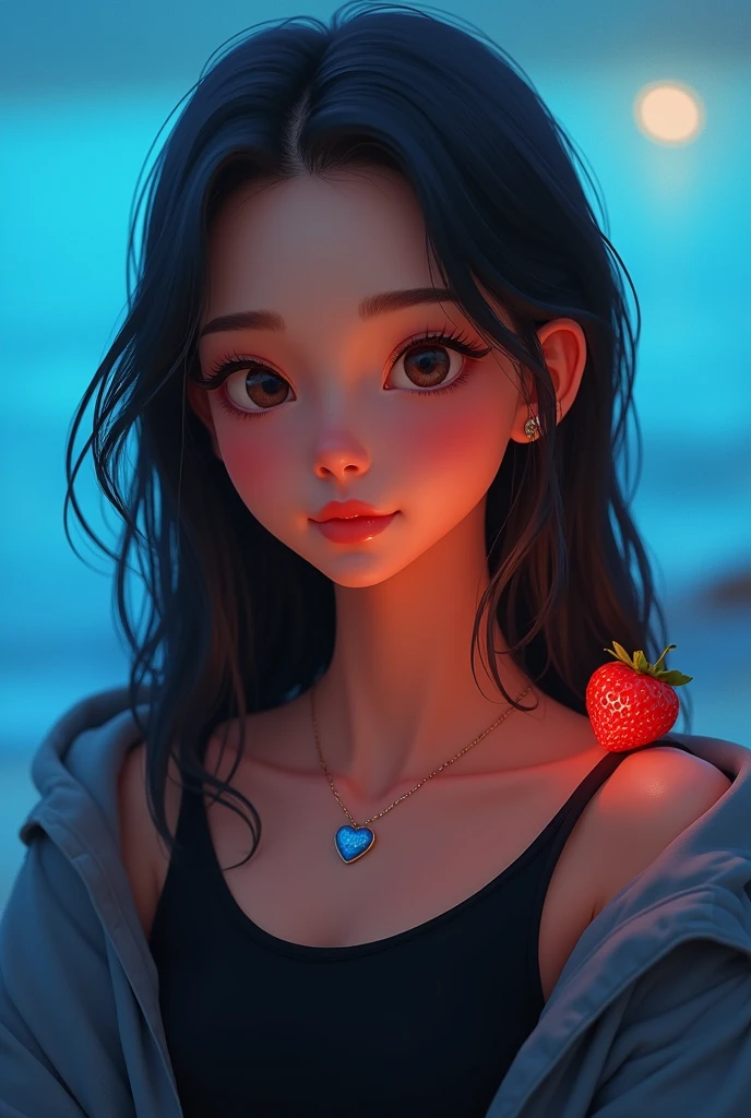 a 21 años girl with black t-shirt and hood, long straight hair, big eyes, small blue heart necklace, bright blue heart background, disney style, highly detailed, photorealistic, 8k, cinematic lighting, warm color palette, masterpiece and tender strawberry on your shoulder