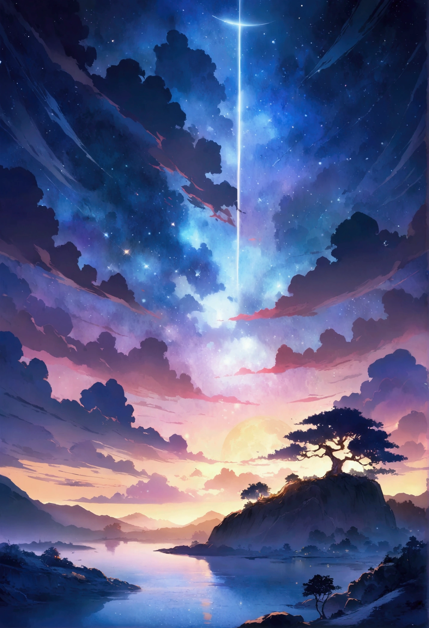 Highly concentrated beauty，Through the sky, Starry Moon Painting, concept art inspired by Tosa Mitsuoki, Pixiv competition winner, Best quality, Fantasy art, beautiful anime scenes, A bright moon, Starry sky environment in moonlight, Dream painting, Anime background art, dream scenery art, Fantastic night, anime backgrounds, background artwork, dreamlike art, Atmospheric anime, Starry sky, Detail enhancement.