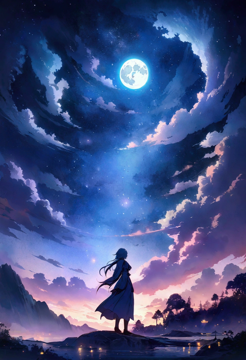 Highly concentrated beauty，Through the sky, Starry Moon Painting, concept art inspired by Tosa Mitsuoki, Pixiv competition winner, Best quality, Fantasy art, beautiful anime scenes, A bright moon, Starry sky environment in moonlight, Dream painting, Anime background art, dream scenery art, Fantastic night, anime backgrounds, background artwork, dreamlike art, Atmospheric anime, Starry sky, Detail enhancement.