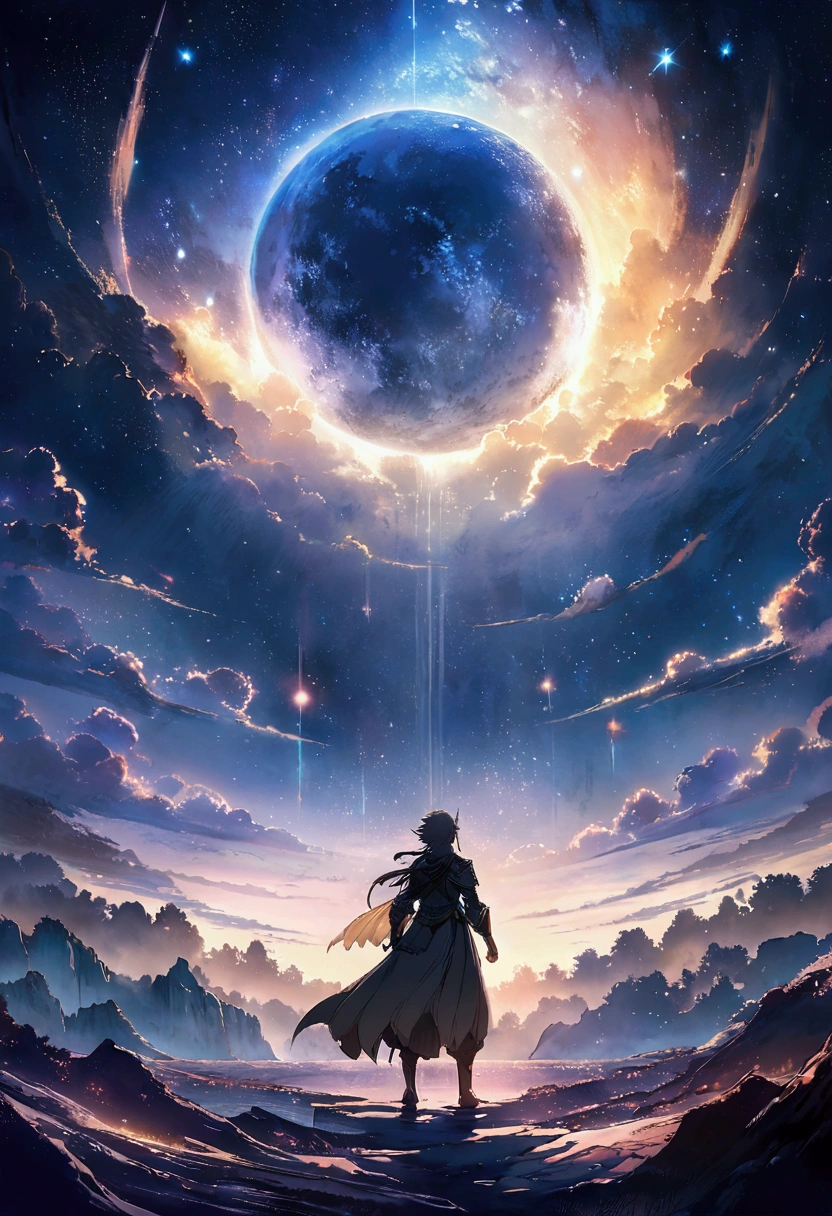 Highly concentrated beauty,Through the sky, Starry Moon Painting, concept art inspired by Tosa Mitsuoki, Pixiv competition winner, Best quality, Fantasy art, beautiful anime scenes, A bright moon, Starry sky environment in moonlight, Dream painting, Anime background art, dream scenery art, Fantastic night, anime backgrounds, background artwork, dreamlike art, Atmospheric anime, Starry sky, Detail enhancement.