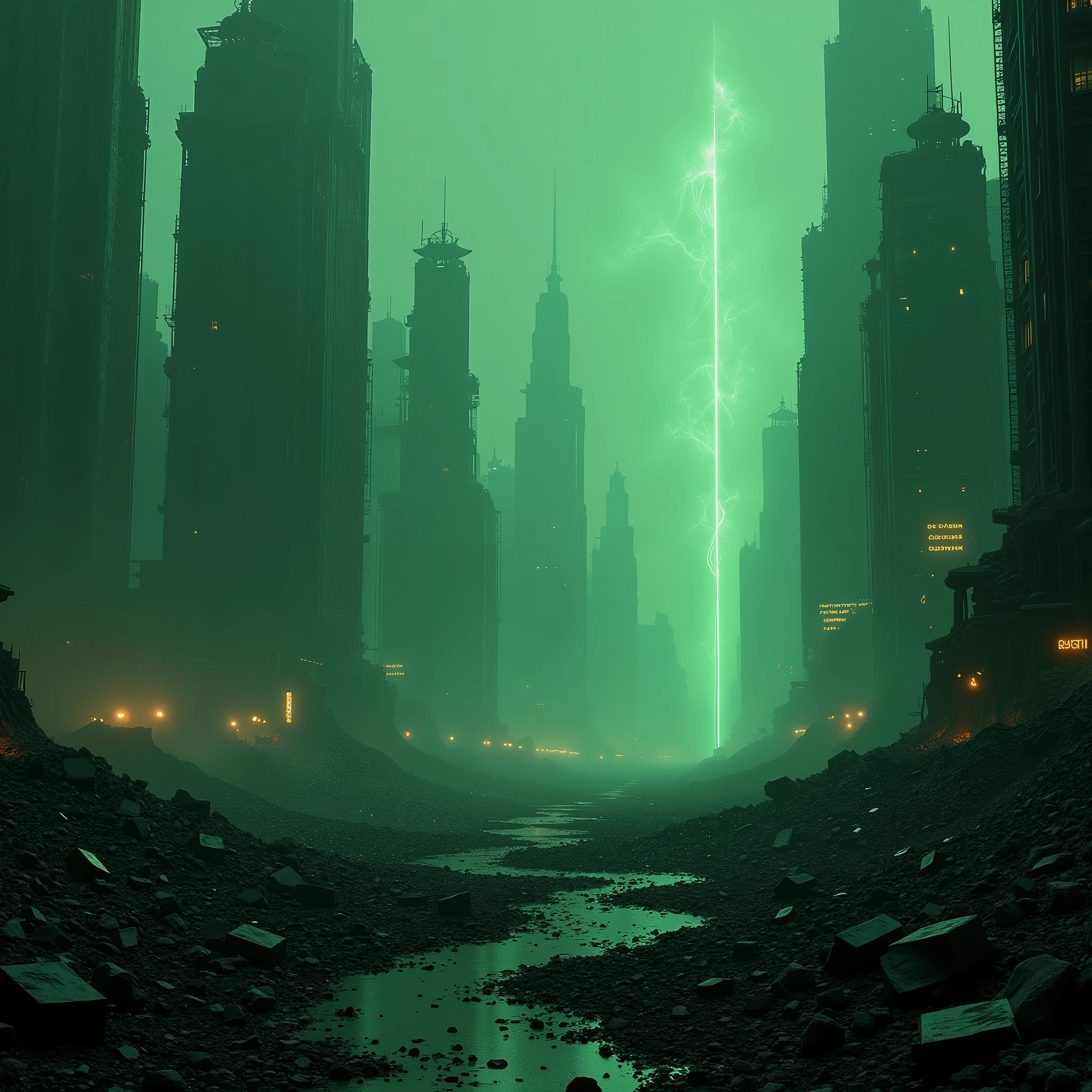"An ultra-realistic depiction of an ultrafuturistic cityscape in ruins, bathed in the green and black hues of 'Matrix'. The scene should feature a vast, panoramic view showcasing thousands of haunting debris and rubble, remnants of a horrific war between machines and humans. The atmosphere is cold and lifeless, evoking deep feelings of emptiness and solitude, reminiscent of 'Alien, the Eighth Passenger'. The remnants of a once-advanced civilization now lie in chaotic disarray, with eerie, liminal spaces that feel both familiar and alien. The setting suggests a decayed society where digital and physical worlds have collided and disintegrated. Subtle elements of digital decay, glitches, and flickering neon lights barely illuminate the dark, forgotten corners of this post-apocalyptic environment, echoing the desolate remains found in 'Animatrix'."