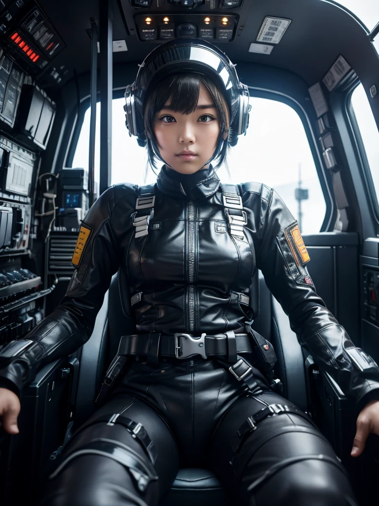 masterpiece, Highest quality, Very detailed, Japanese Android girl,Plump,Slightly thicker,Control panel,Android,cyborg,Blunt bangs,Sitting in the cockpit,Black combat uniform,Harness Belt,Helmet