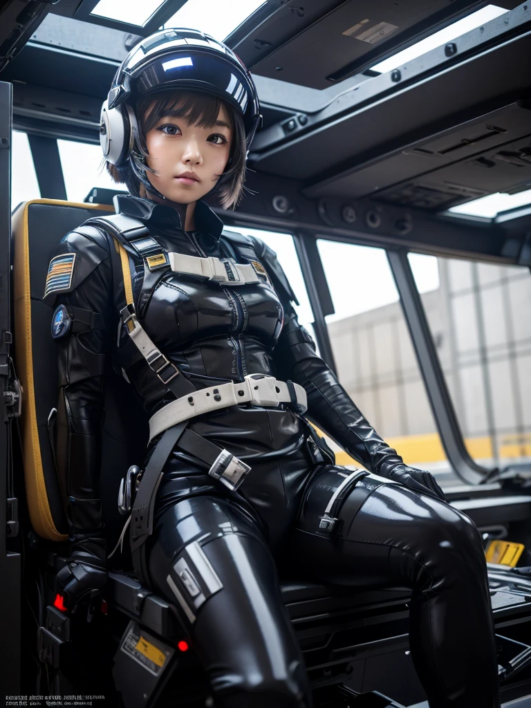 masterpiece, Highest quality, Very detailed, Japanese Android girl,Plump,Slightly thicker,Control panel,Android,cyborg,Blunt bangs,Sitting in the cockpit,Black combat uniform,Harness Belt,Helmet