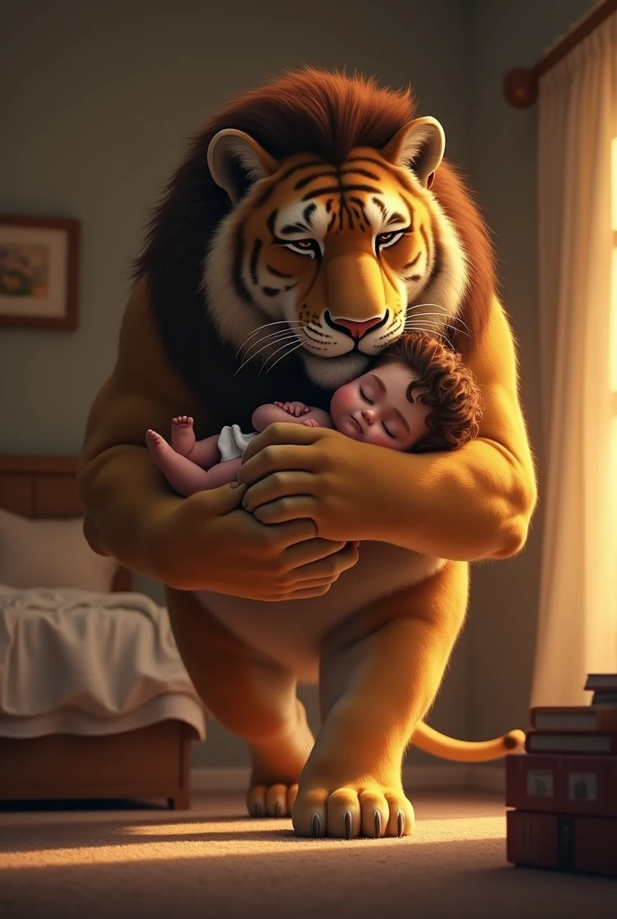 A big cat holding a  sleeping kid his arms while walking to bed 