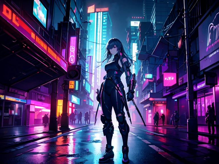 Very detailed,High resolution,4K,8k,masterpiece,High resolution,Late Night,Cyberpunk cityscape,Vibrant neon glow,A ninja stands in the middle of the road