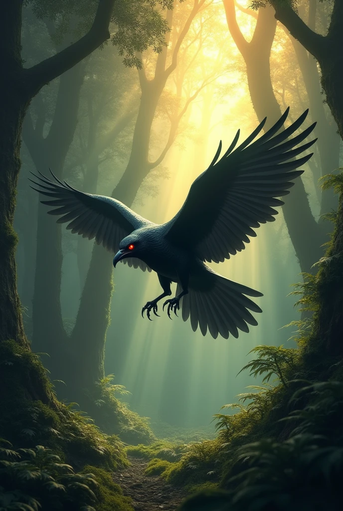 A crow with red eyes, flying on a forest