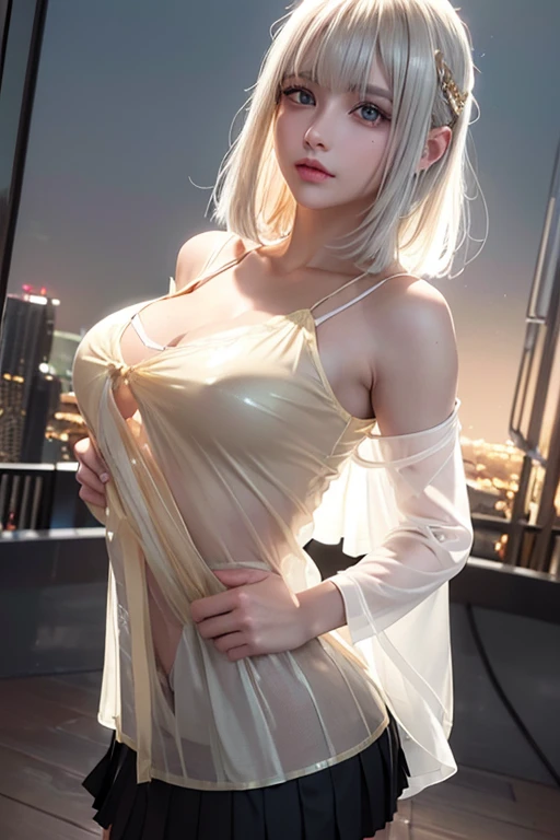 (Cinematic Digital Art: 1.3), High Quality, Tabletop, Top Quality, Highly Detailed, Shaped, [4k Digital Art], India No., (Sharp Focus: 1.5), (Moody Lighting: 1.2) , written border depth, bokeh, 4k, high resolution, highly detailed, highly detailed CG Unity 8k wallpaper, realistic, photorealistic, RAW photo, beautiful and detailed face,realistic glowing skin, high quality fabrics, detailed hair texture, perfect body, beautiful face,anatomically correct, highly detailed face, eyes and skin texture, natural neck length, (beautiful eyes ), (Beautiful hands), (Glowing skin: 1.2),(A city blending nature and tech:1.3),(Full Moon night),
(baby face girl),(Silver blonde hair:1.2),(droopy eyes,Light green eyes:1.2), (thin lips),(Well-built and sexy muscular physique,sexy body),(Light gold front-open long sheer shirt:1.4),(black Pleated skirt:1.4),(White camisole in long sheer shirt:1.4),(arched back)