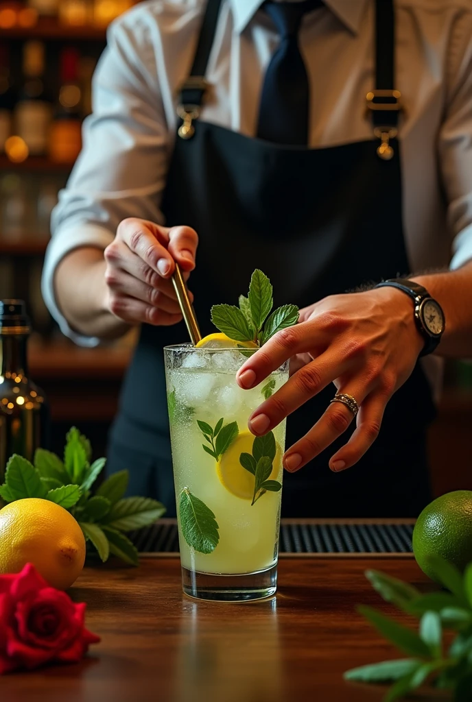 Authentic BAR,( The bartender's right thumb was amputated at the second knuckle.), Steampunk,1800'with Mojito, Spectacular landscapes, , Extremely precise movements, A sublime and delicate work, Cocktail, masterpiece, 8k, high quality, Hands are a key element in the scene, The hands are very realistic and sharp,I don't draw my face,Wine Bottle Background、Dark interior、There are herbs, lemons and limes on the counter、Red flower、one hand、