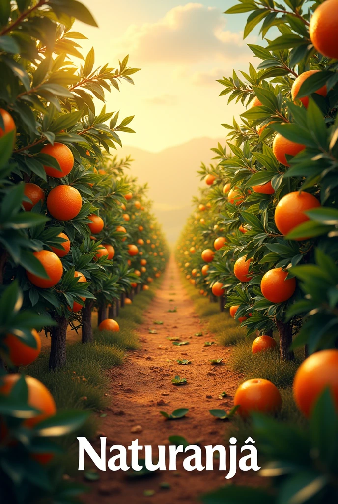 Give me a logo of a juice brand that says only the word “NATURANJA” and highlights the orange and black colors, In addition to the orange orchards in the background with a deep perspective and the oranges also come out and just give me the brand logo