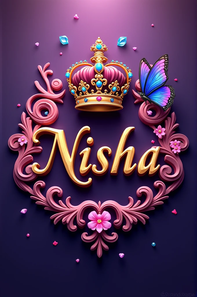 "A vibrant and royal design featuring the name 'NISHA' in elegant, flowing script. The background is a rich, deep purple, with intricate swirls and floral elements in shades of pink surrounding the name. A majestic, ornate crown sits atop the name, adorned with blue and pink jewels, symbolizing royalty and elegance. On the right side of the image, a delicate butterfly with bright blue and purple wings adds a touch of whimsy and beauty. The overall design is ornate and luxurious, with a 3D effect making the elements appear almost tangible."