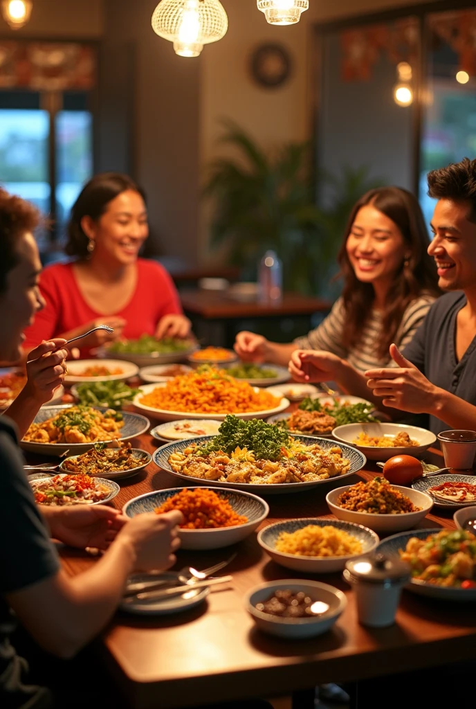 A photo of a table at a local restaurant, loaded with several traditional dishes to share. There is a variety of foods in the center of the table, with several people sitting around enjoying the food and chatting. The image reflects the communal nature of meals and the joy of sharing culinary experiences..