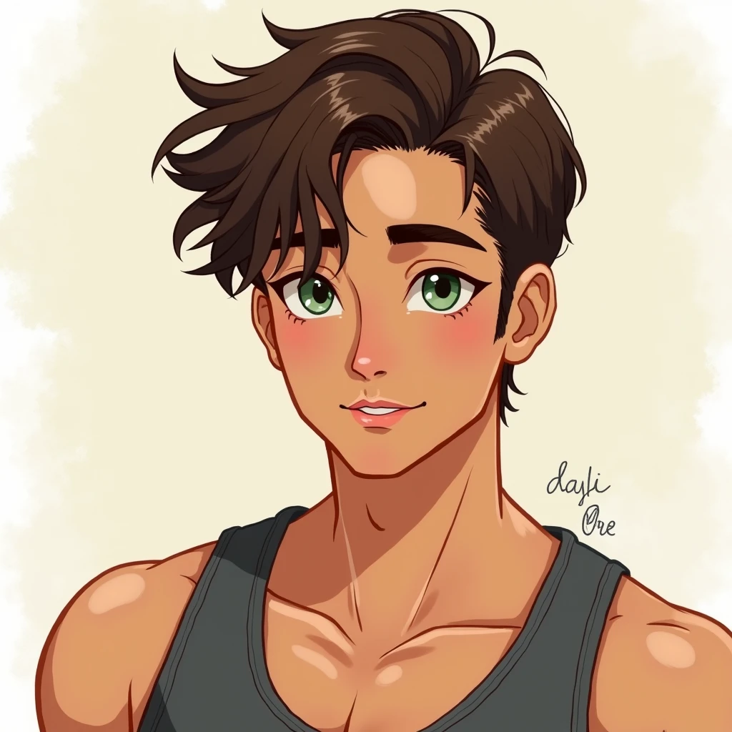 Persian man,  cute nose, thin lips, green eyes, short brown  hair, jock outfit, tan undertone, young hot handsome face, pastel art 