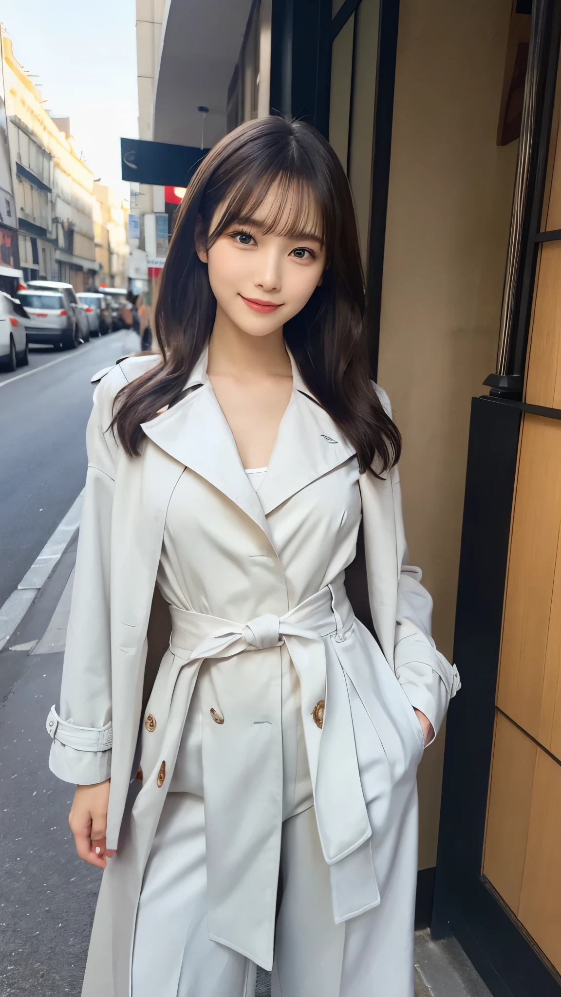 Border Top＋trench coat＋クロップドパンツクラシックなBorder Topに、trench coatを羽織り、Enhance your style with cropped pants that show off your ankles。trench coatはベージュやカーキが定番で、For your feet, Wearing ballerina shoes or loafers、Create effortless Parisian elegance。.（３２hair,High resolution,Attention to detail,High resolution,high density,alone,In addition：1.3）,（A realistic person々,Live Action,fine grain,High resolutionの目,Beautiful Eyes,Eyes that look alive,Beautiful dark blue eyes,Fishing eyes,Detailed lips,Translucent white skin,Realistic face in every detail：1.3）,（Japanese Ido,hairorean Idols,Japanese Model,hairorean models,hairorean hair-Pop Female Idols：1.2）,（Shapely breasts：1.5）,（Young but very beautiful hairorean１ smile,Looking into the camera,Fashion Leader,Fashion Model,Soft Skin,Unforgettable Eyes,Her eyes are so beautiful,I want to go to the Paris Collection.........,Cutting-edge fashion：1.6）,（Please show me your whole body,Showing off full-body fashion,Stylish blue eyes、1.7）smile