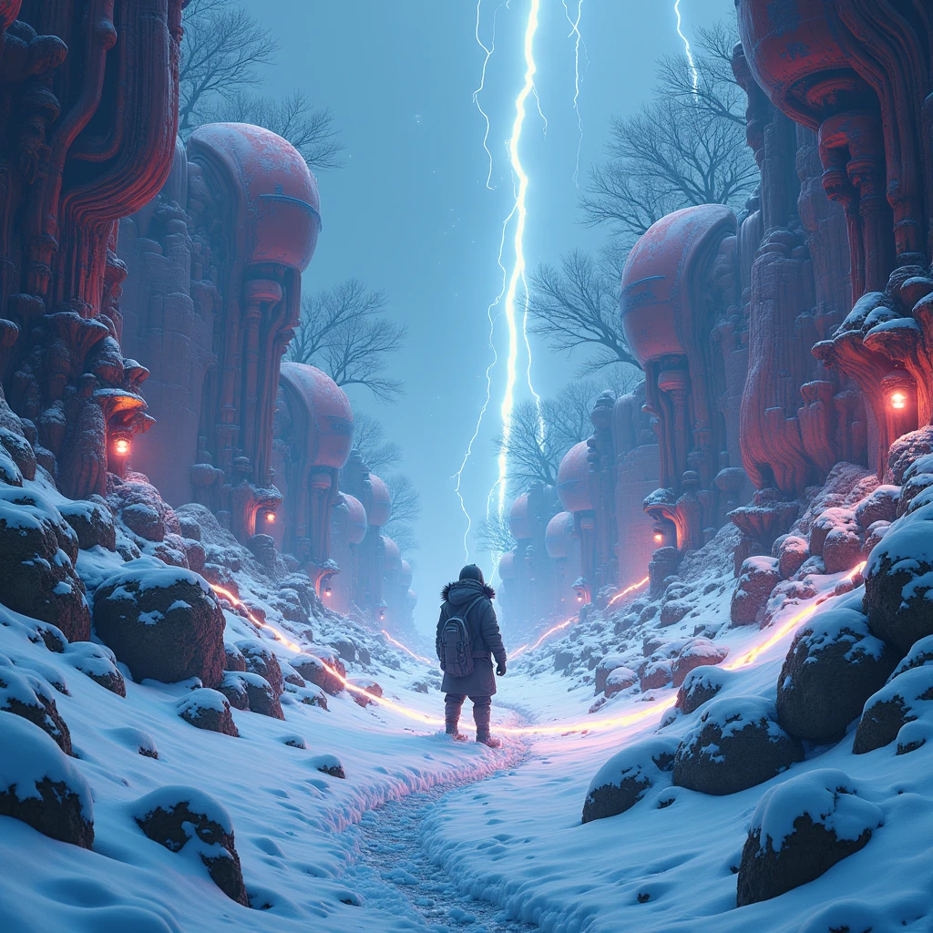 (Snow Scenery), in the style of futuristic contraptions, detailed colorful comic, detailed comic book art, luminescent color scheme, detailed illustration, nature. Beautiful cinematic lighting, surreal, color graded, dynamic movement, captivating chiaroscuro, (special effects:0.1), full body, award-winning, cinematic still, emotional, vignette, dynamic, vivid, (masterpiece, best quality, photorealistic, Professional, perfect composition, very aesthetic, absurdres, ultra-detailed, intricate details:1.3)