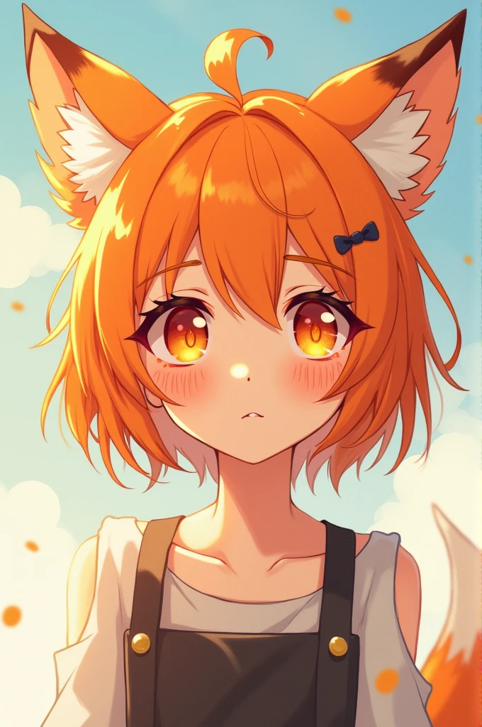 Anime style girl with very short orange hair and fox ears, freckles and cat eyeliner and orange eyes.