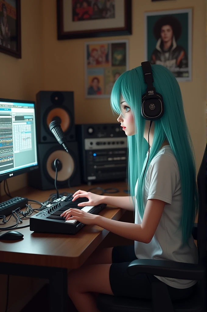 (On the table: 1.3, Highest resolution, best quality, 8k, Realistic, perfect details), Perfect lighting, (1 girl), Miku Pende ,alone, Girl making music on computer in studio, Unreal Engine, Rembrandt, quiet recording studio, Comes with microphone and other vintage equipment, Add old-fashioned charm to an isolated space, Framed posters of legendary rock musicians hang on the wall, detailed body, White T-shirt, serious facial expression, (Sitting in front of the electronic keyboard:1.1), wearing headphones, Use a computer monitor, MIDI Pad Controller,beautiful fingers,Detailed hands