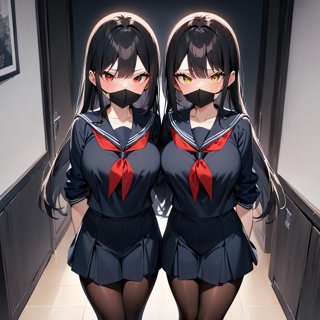 2girls,(duo),Tsurime,red_neckerchief,black_serafuku,black Mouth mask,straight-on,long hair,black hair,red eyes,yellow eyes,big breast,breasts,masterpiece, best quality, very aesthetic, absurdres,front View,(straight-on),light hair,(masterpiece, best quality, very aesthetic, absurdres,(pantyhose),(sukeban),