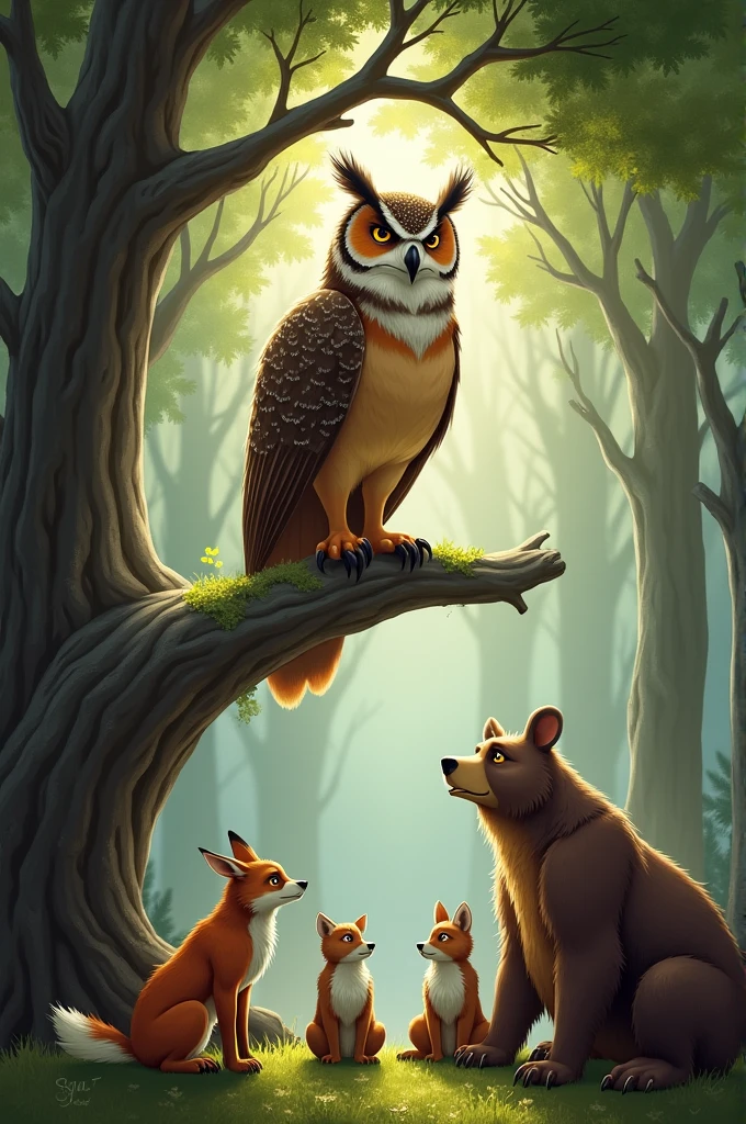 The wise owl perched on a tree branch, speaking calmly to the frightened animals who are gathered below.