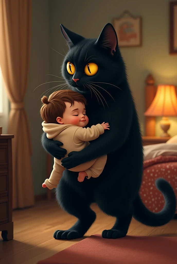 A big Black cat holding a tiny sleeping kid in his arms while walking to bed