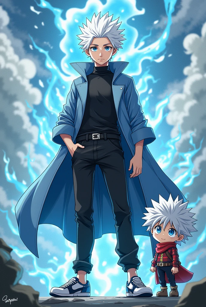 oc: male 1m85 tall ,blue eyes,White hair ,cold personality,quirk:water control,wind draw bakugou from My Hero Academia standing next to chibi style drawing