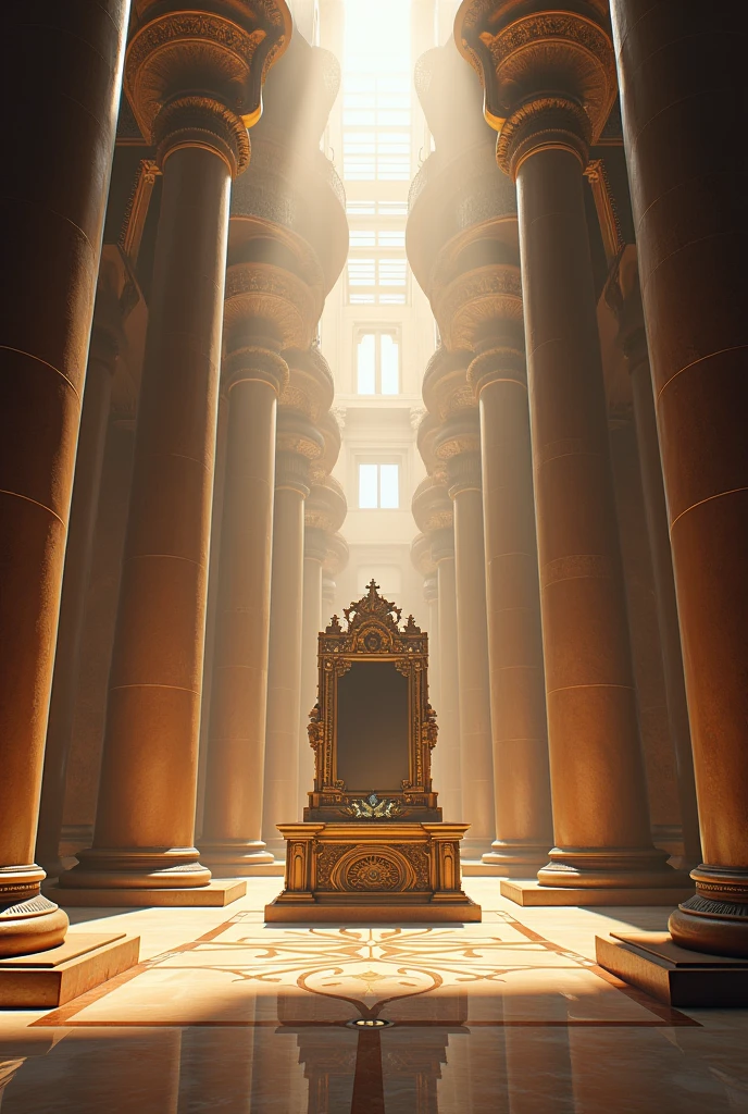 The grand interior of the ancient temple with tall columns and intricate designs. The central altar holds a large, ornate mirror